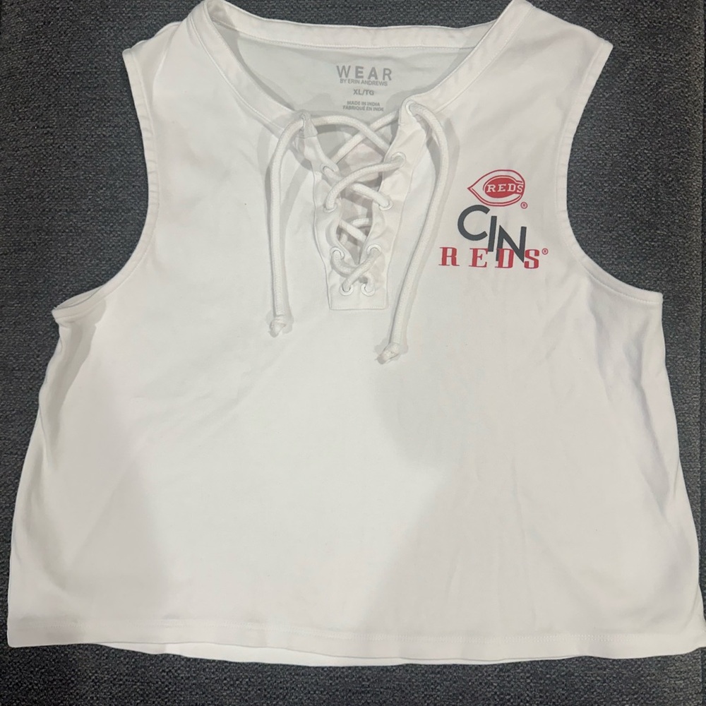 CIN Reds White Lace-Up Muscle Tee